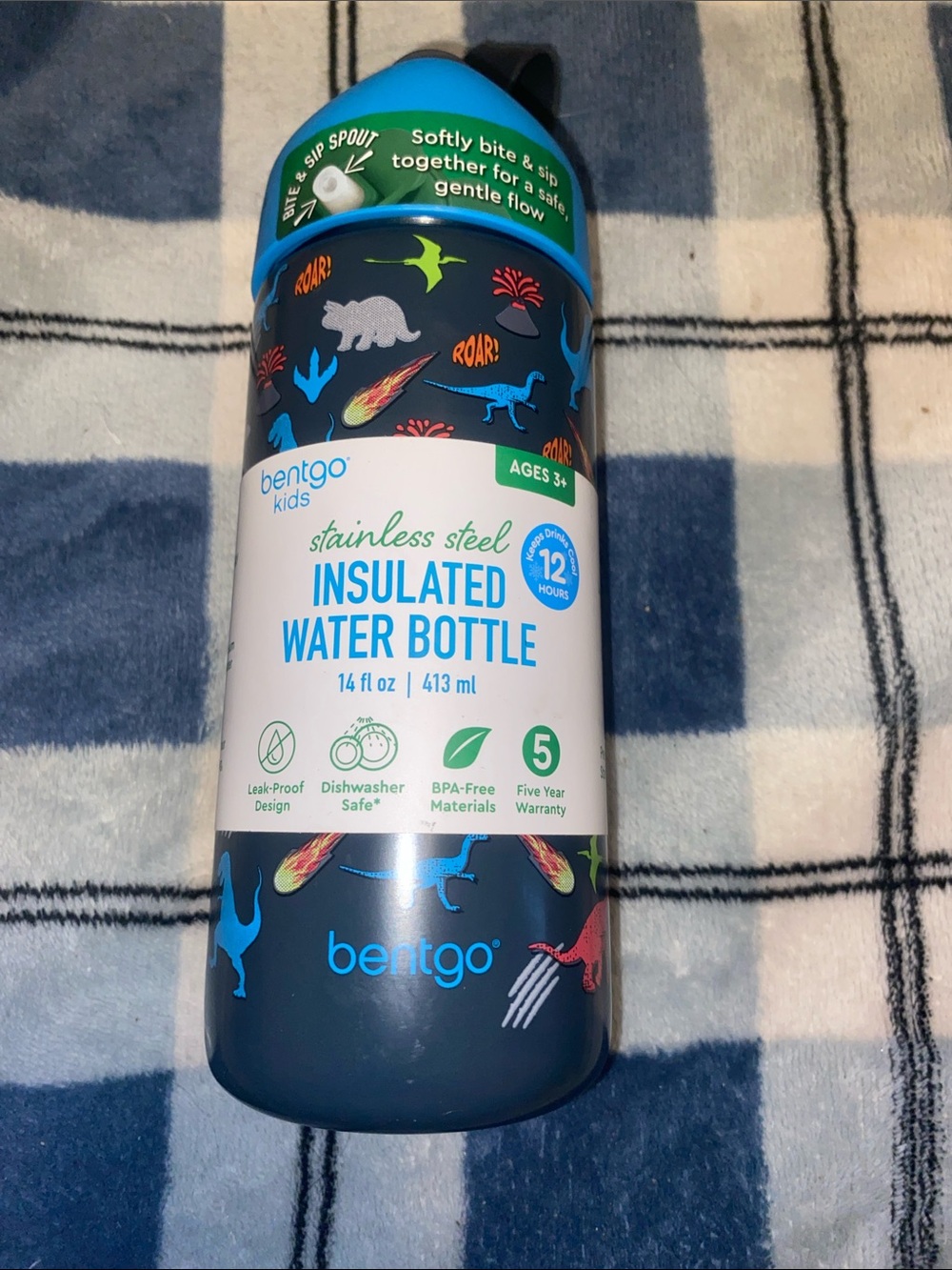 Bentgo Kids Stainless Steel Insulated Water Bottle - Dark Blue Dinosaur
